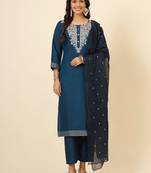 Teal muslin silk blend designer embroidery work ethnic partywear readymade suit for trendy girlie festive looks