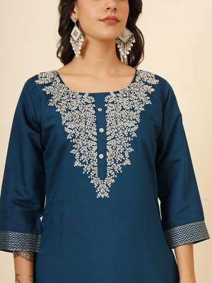 Teal muslin silk blend designer embroidery work ethnic partywear readymade suit for trendy girlie festive looks 3