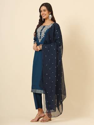 Teal muslin silk blend designer embroidery work ethnic partywear readymade suit for trendy girlie festive looks 4