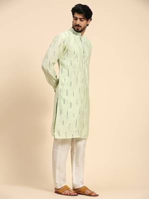Light green color pure silk mirror work kurta  3