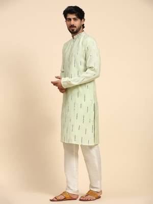 Light green color pure silk mirror work kurta  4