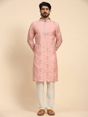 Pink color pure silk mirror work kurta 1