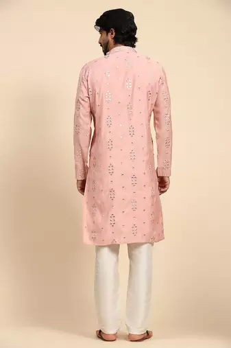 Pink color pure silk mirror work kurta