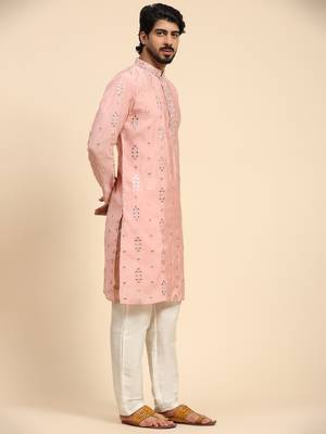 Pink color pure silk mirror work kurta 3