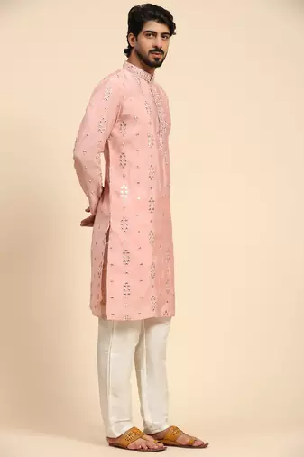 Pink color pure silk mirror work kurta