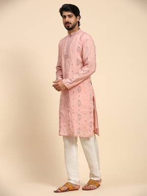 Pink color pure silk mirror work kurta 4
