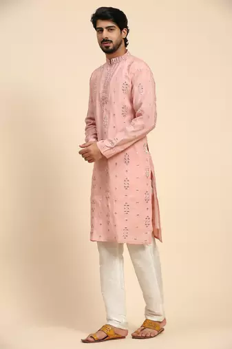 Pink color pure silk mirror work kurta