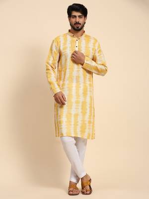 Yellow tie dye color linen digital print kurta 1