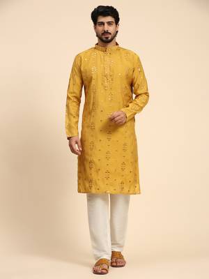 Mustard color pure silk mirror work kurta  1