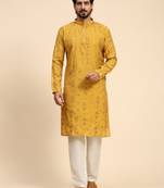 Mustard color pure silk mirror work kurta 
