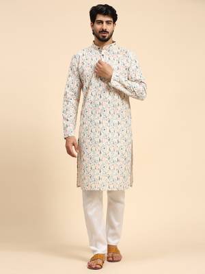 Cream color viscose cotton digital print kurta  1