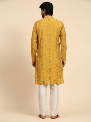 Mustard color pure silk mirror work kurta  2