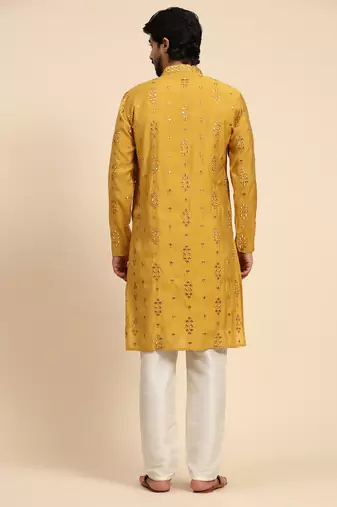 Mustard color pure silk mirror work kurta 