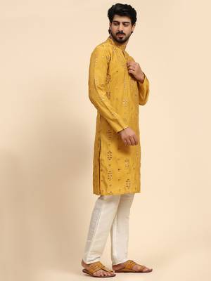 Mustard color pure silk mirror work kurta  3