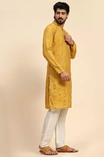 Mustard color pure silk mirror work kurta 