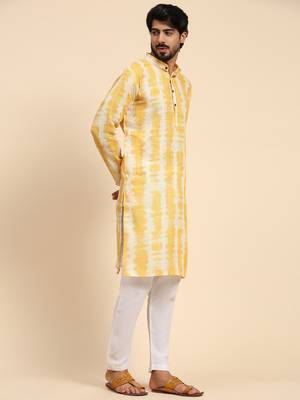 Yellow tie dye color linen digital print kurta 3