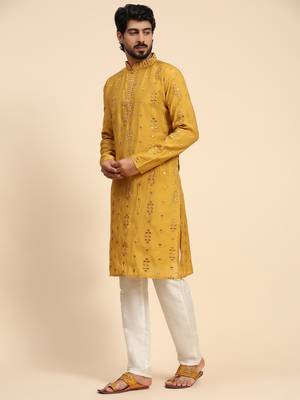 Mustard color pure silk mirror work kurta  4