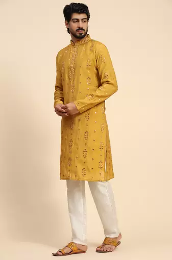 Mustard color pure silk mirror work kurta 