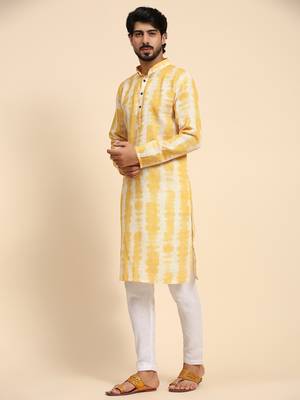 Yellow tie dye color linen digital print kurta 4