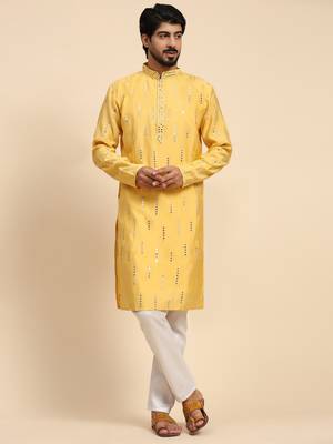 Yellow color pure silk mirror work kurta  1