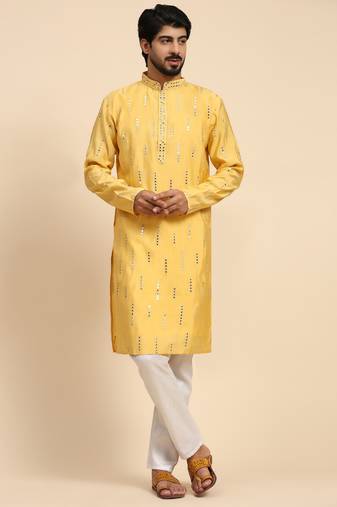 Yellow color pure silk mirror work kurta 