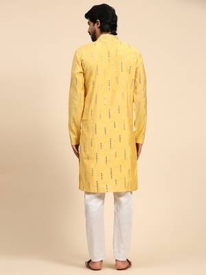 Yellow color pure silk mirror work kurta  2