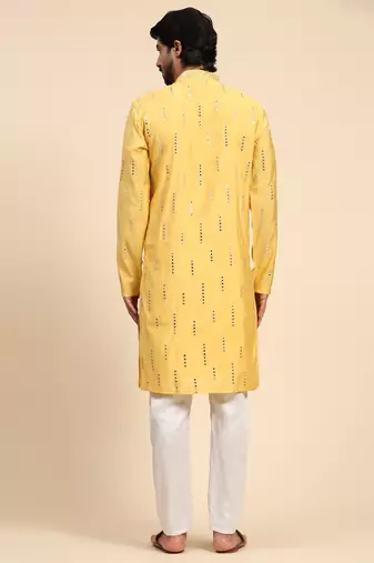 Yellow color pure silk mirror work kurta 