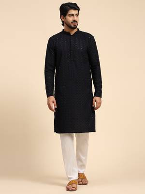 Dark blue color rayon cotton chikankari work kurta  1