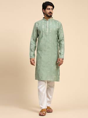 pastel green color pure silk mirror work kurta 1