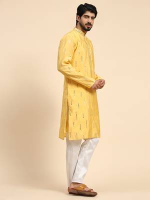 Yellow color pure silk mirror work kurta  3