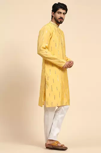 Yellow color pure silk mirror work kurta 