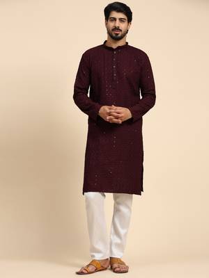Wine color rayon cotton chikankari work kurta  1