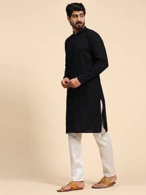 Dark blue color rayon cotton chikankari work kurta  3