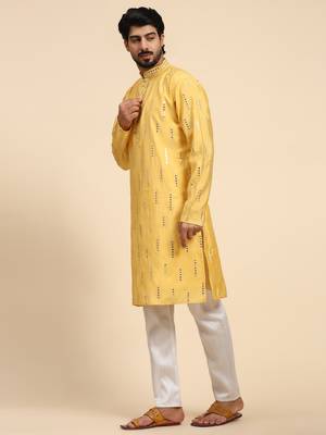 Yellow color pure silk mirror work kurta  4