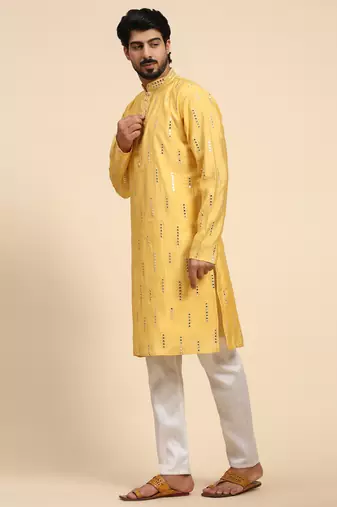 Yellow color pure silk mirror work kurta 