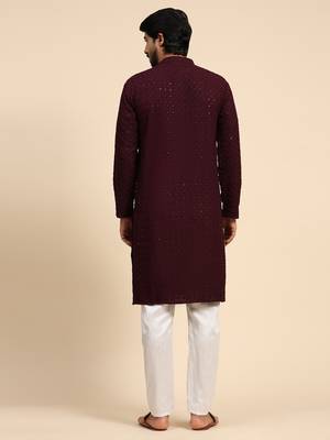 Wine color rayon cotton chikankari work kurta  2