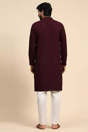 Wine color rayon cotton chikankari work kurta 