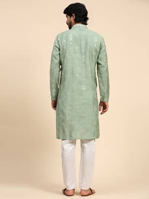 pastel green color pure silk mirror work kurta 2