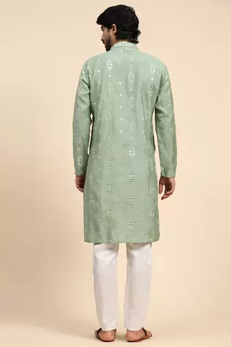pastel green color pure silk mirror work kurta