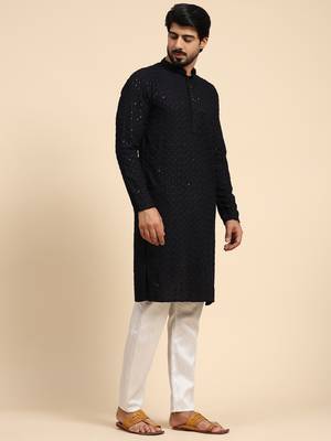 Dark blue color rayon cotton chikankari work kurta  4