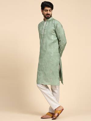 pastel green color pure silk mirror work kurta 3