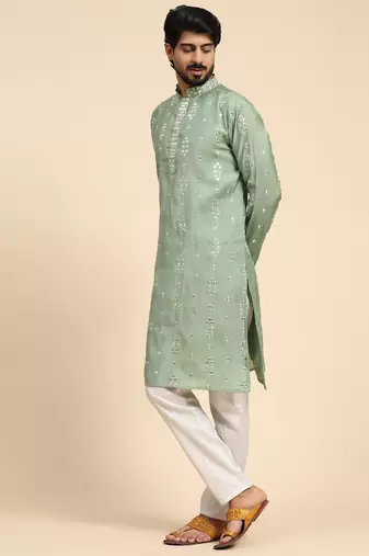 pastel green color pure silk mirror work kurta