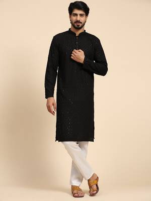 Black color rayon cotton chikankari work kurta  1