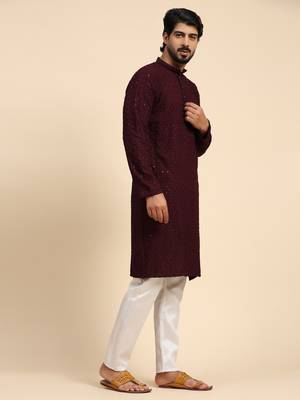 Wine color rayon cotton chikankari work kurta  3