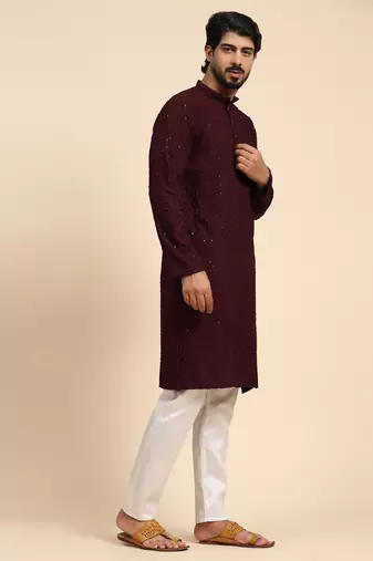 Wine color rayon cotton chikankari work kurta 