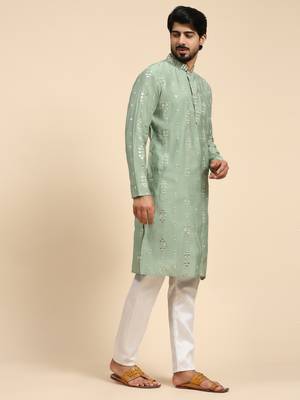 pastel green color pure silk mirror work kurta 4