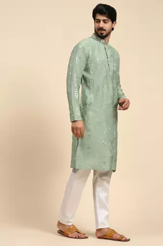 pastel green color pure silk mirror work kurta
