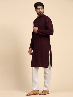 Wine color rayon cotton chikankari work kurta  4