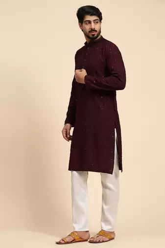 Wine color rayon cotton chikankari work kurta 