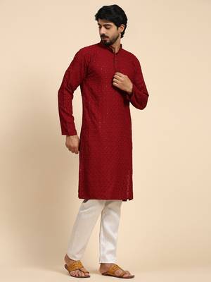 Maroon color rayon cotton chikankari work kurta  3